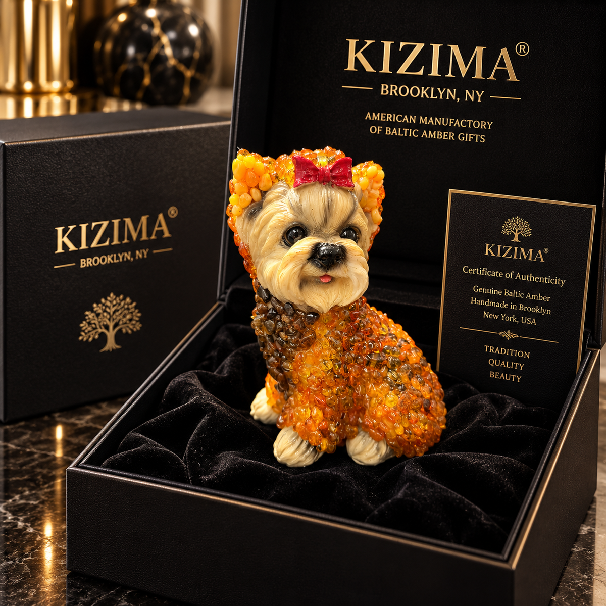 Made in USA natural Baltic amber large Yorkshire Terrier figurine in black KIZIMA® gift box with certificate of authenticity — luxury Yorkie lover gift