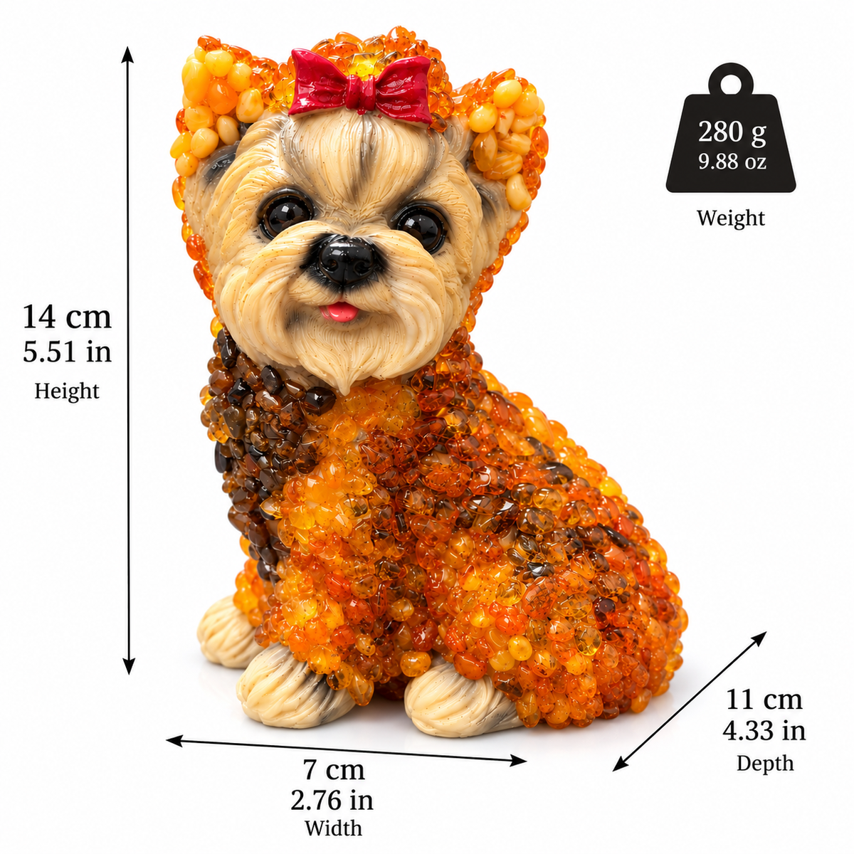 Made in USA natural Baltic amber large Yorkshire Terrier figurine size chart — 14 cm (5.51 in) tall, 7 cm (2.76 in) wide, 11 cm (4.33 in) deep, 280 g (9.88 oz) — KIZIMA® Brooklyn NY