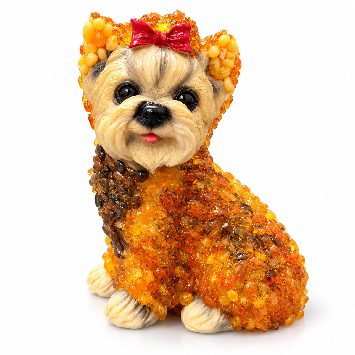 Made in USA natural Baltic amber large Yorkshire Terrier figurine on white background — sitting Yorkie in amber mosaic on ceramic, KIZIMA® Brooklyn NY