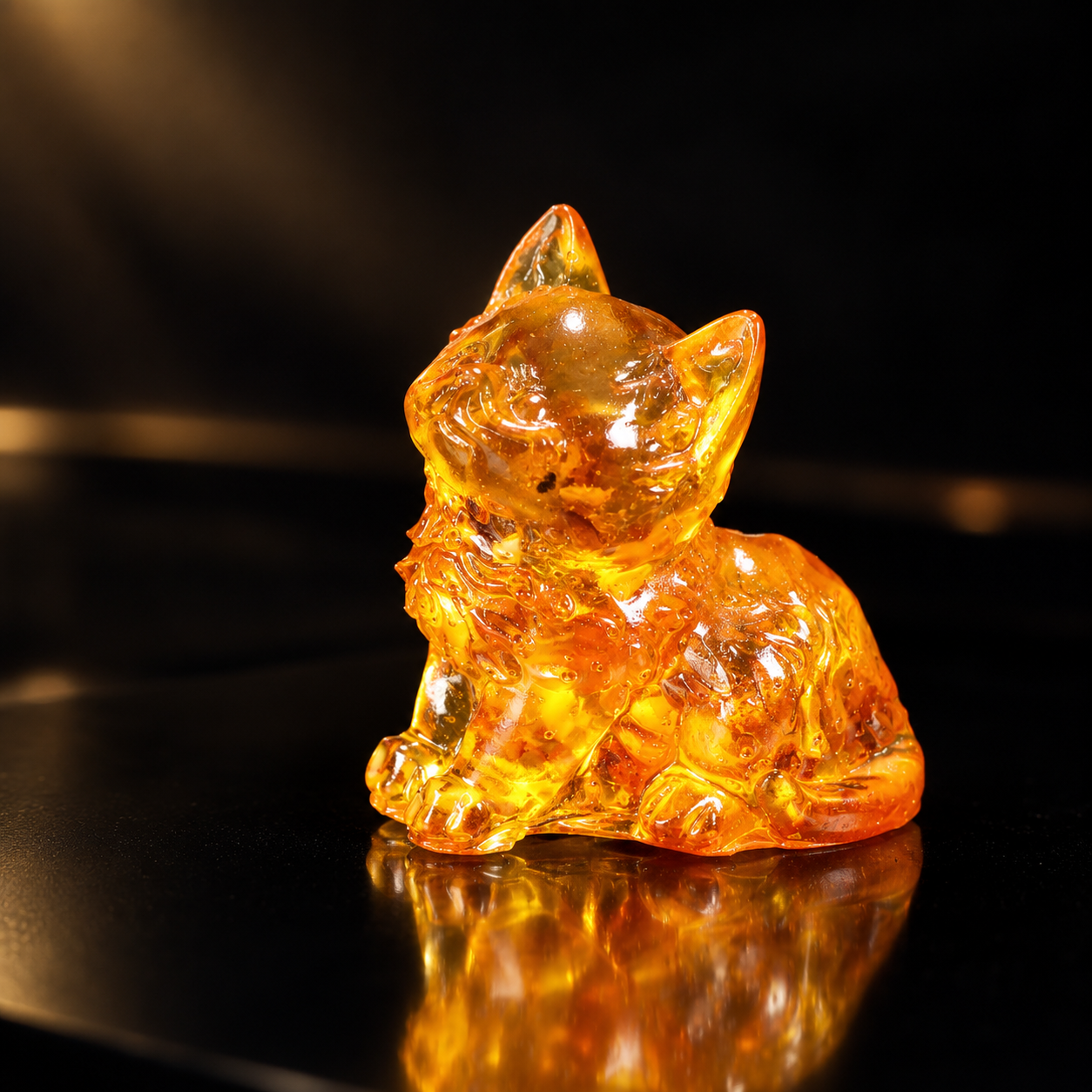 Honey Baltic amber lying kitten figurine glowing on black studio background — one-of-a-kind amber collectible, made in USA by KIZIMA®