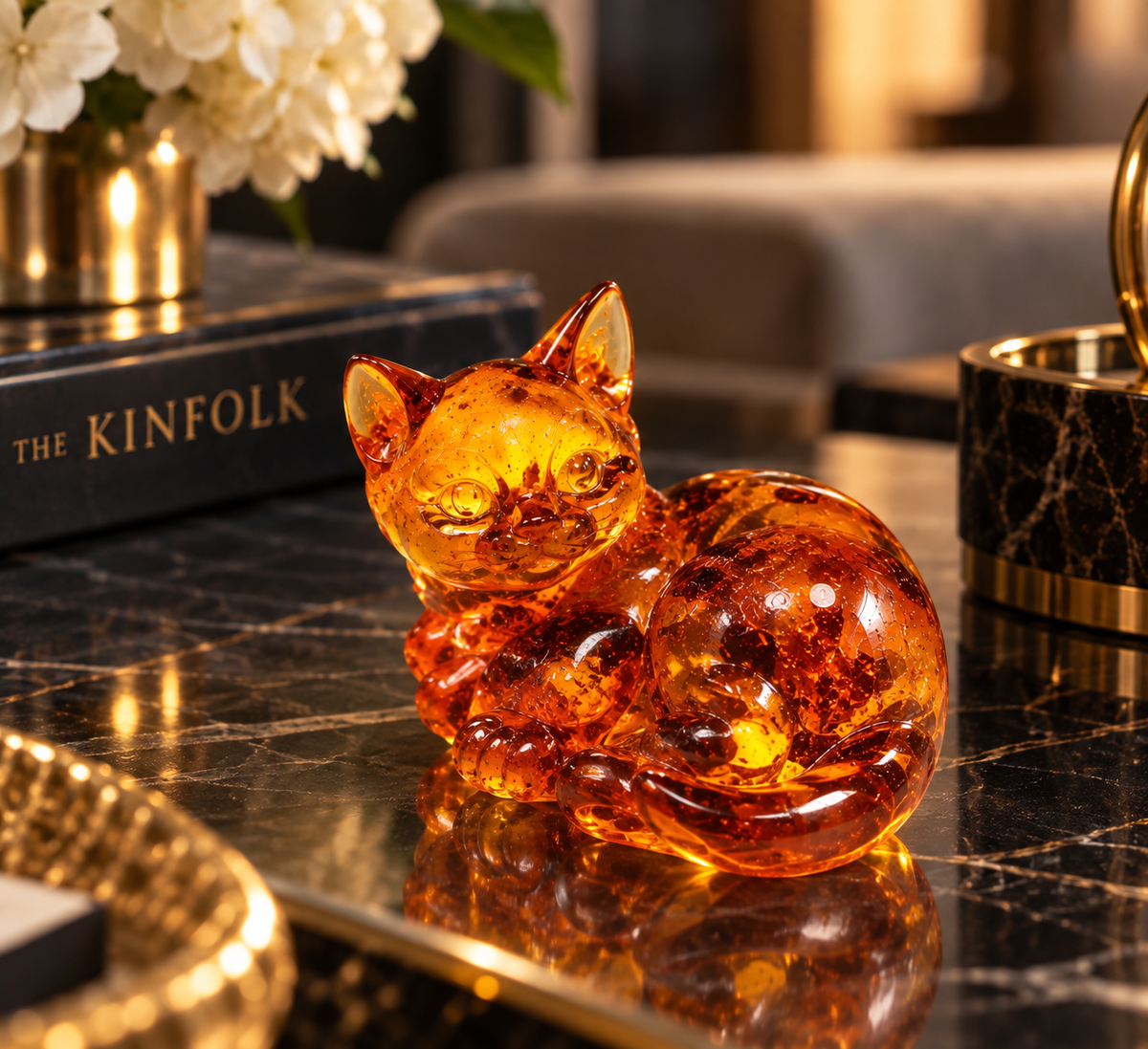 Handmade honey Baltic amber kitten figurine lying on a marble table with gold accents — luxury cat lover decor, made in Brooklyn NY by KIZIMA®