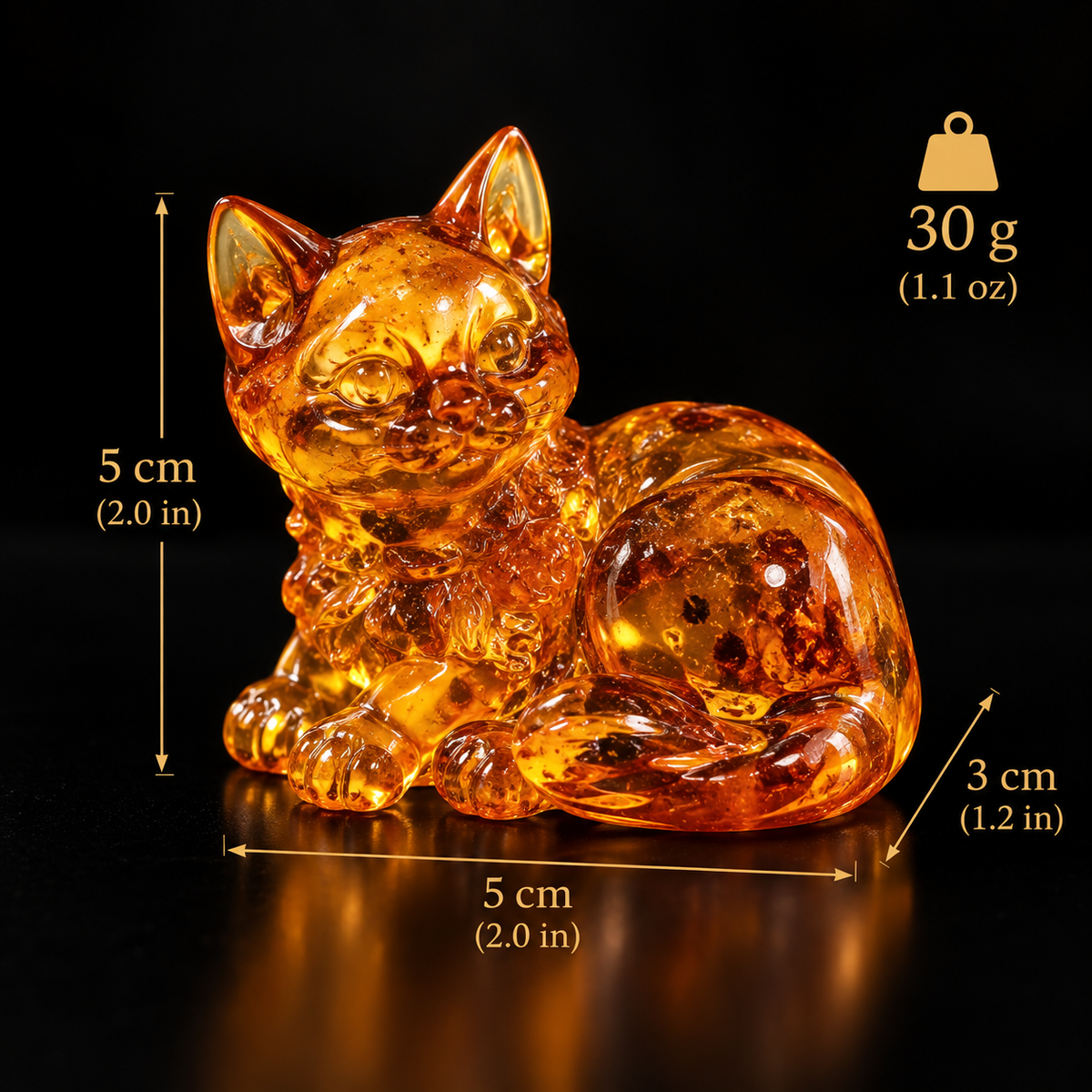 Baltic amber lying kitten figurine size chart: 5 cm (2 in) long, 5 cm (2 in) tall, 3 cm (1.2 in) deep, 30 g (1.1 oz) — handcrafted in USA by KIZIMA®