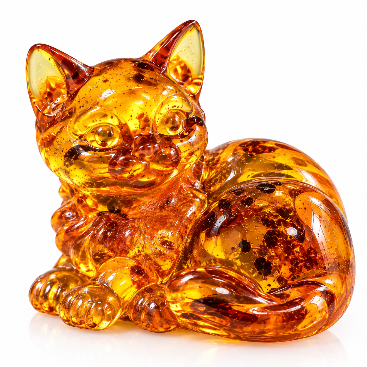 Natural Baltic amber lying kitten figurine on white background, honey amber with golden inclusions, tucked paws and curled tail, handcrafted in USA by KIZIMA®