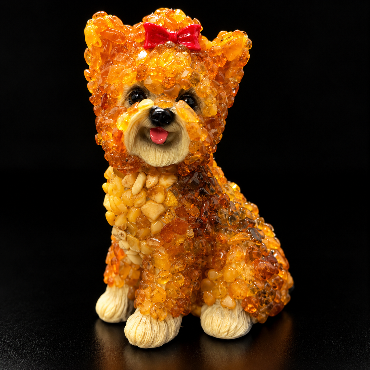 Made in USA natural Baltic amber medium Yorkshire Terrier figurine, 14 cm sitting Yorkie with red bow in hand-laid amber mosaic on ceramic, black studio background — KIZIMA® Brooklyn NY