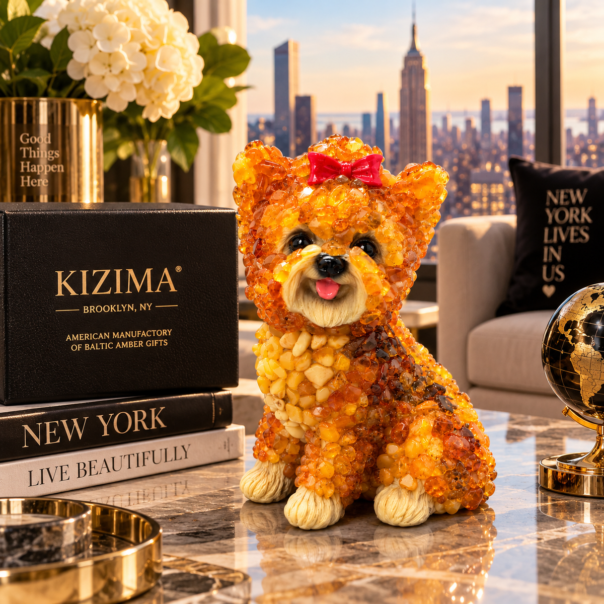 Made in USA natural Baltic amber medium Yorkshire Terrier figurine on a marble console with KIZIMA® gift box and Manhattan skyline — amber sculpture, Brooklyn NY