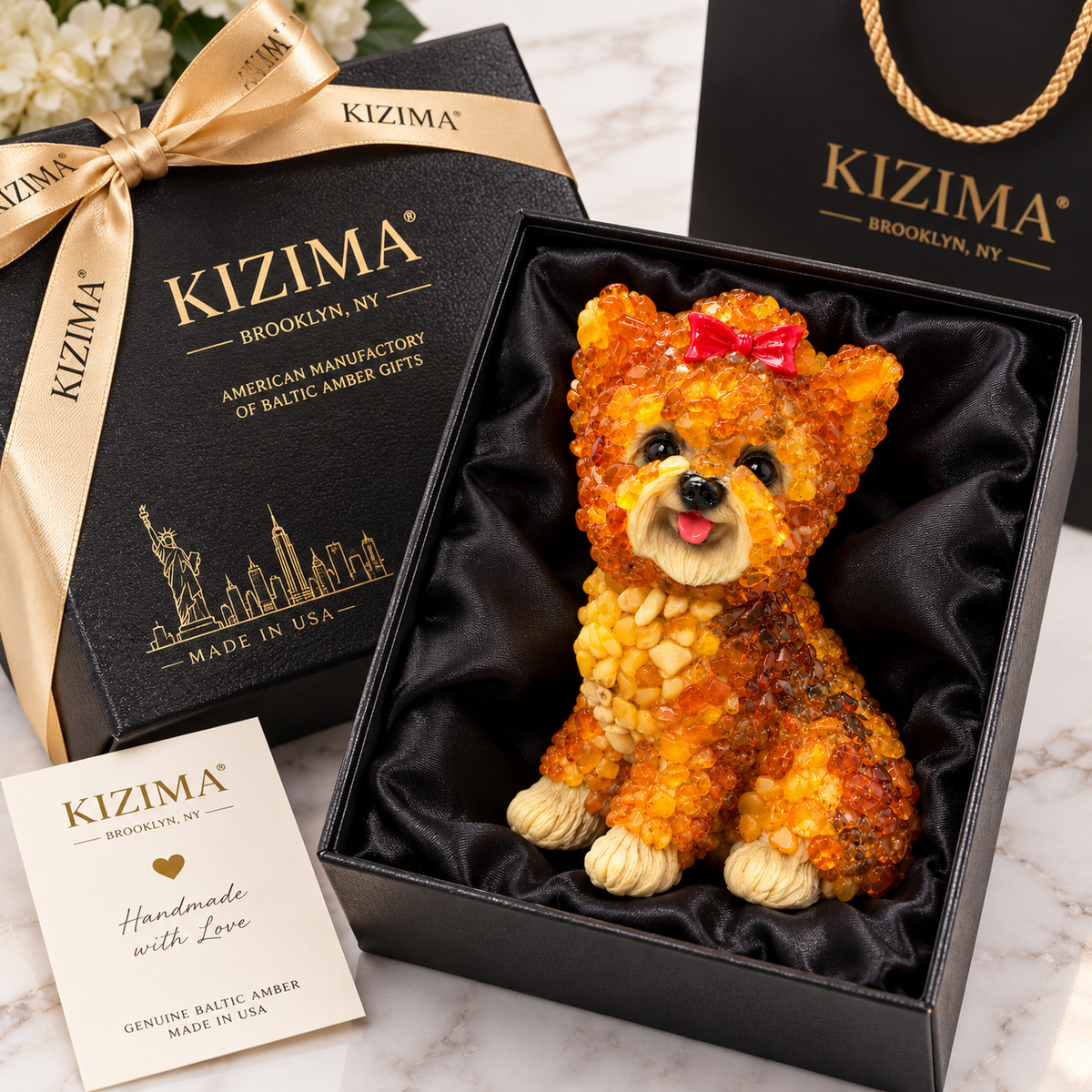 Made in USA natural Baltic amber medium Yorkshire Terrier figurine in black KIZIMA® gift box with ribbon, bag and certificate — luxury Yorkie lover gift