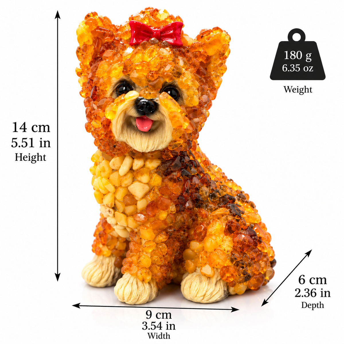 Made in USA natural Baltic amber medium Yorkshire Terrier figurine size chart — 14 cm (5.51 in) tall, 9 cm (3.54 in) wide, 6 cm (2.36 in) deep, 180 g (6.35 oz) — KIZIMA® Brooklyn NY