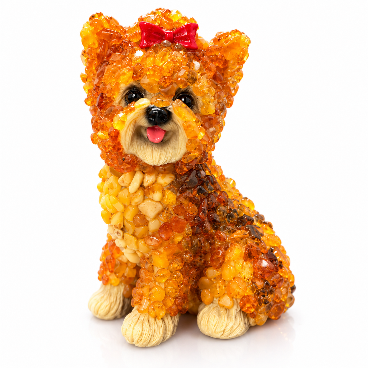 Made in USA natural Baltic amber medium Yorkshire Terrier figurine on white background — sitting Yorkie in amber mosaic on ceramic, KIZIMA® Brooklyn NY