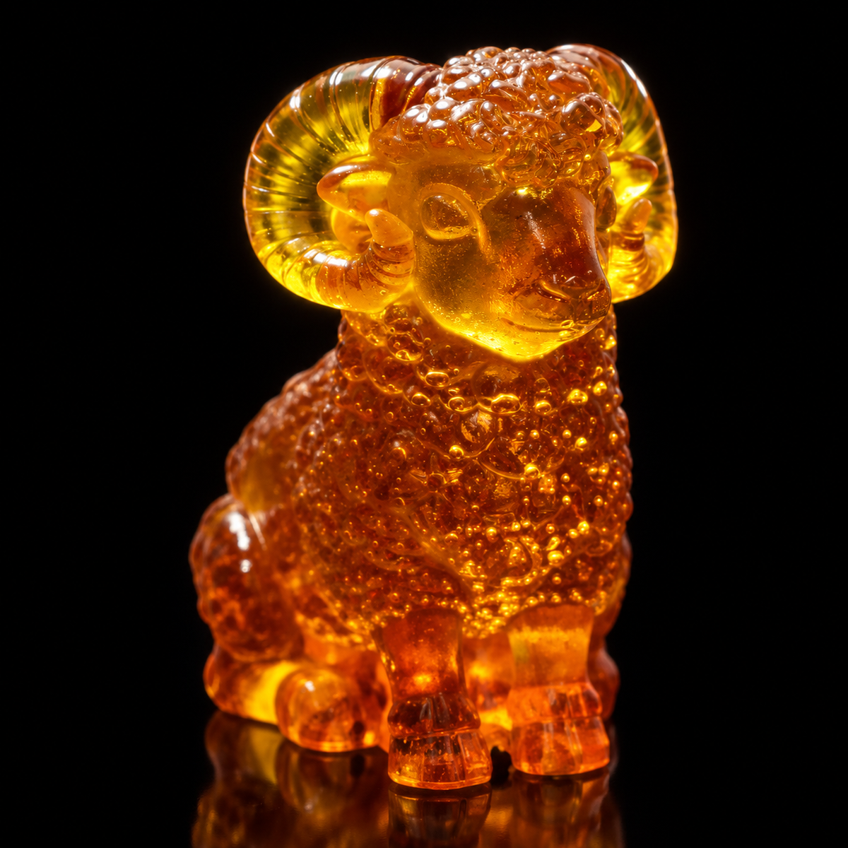 Made in USA Natural Baltic Amber mini ram figurine by KIZIMA® on a black studio backdrop, Christmas and New Year 2027 stocking stuffer