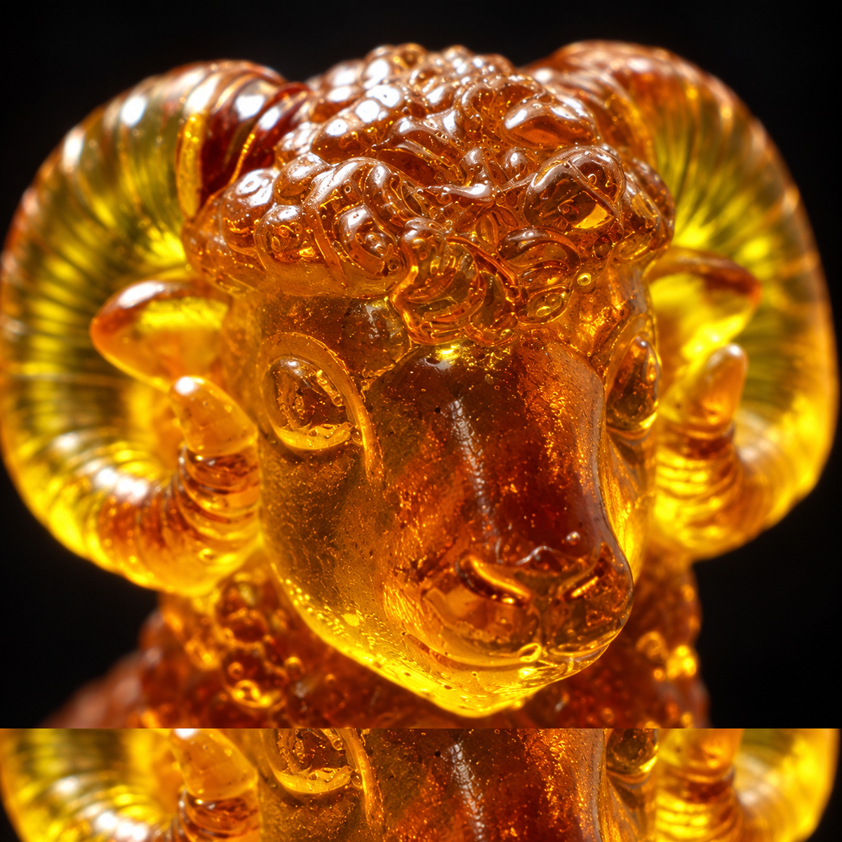Macro detail of the mini ram's face and curved horns in genuine Baltic amber, Made in USA by KIZIMA®