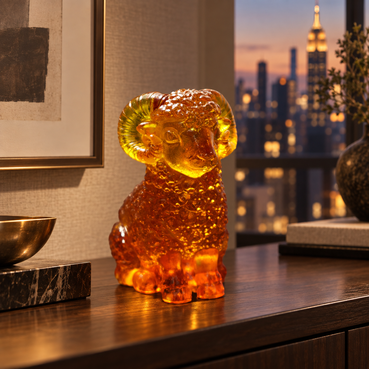 Baltic amber mini ram on a desk in a Manhattan interior, Aries zodiac gift handmade in Brooklyn