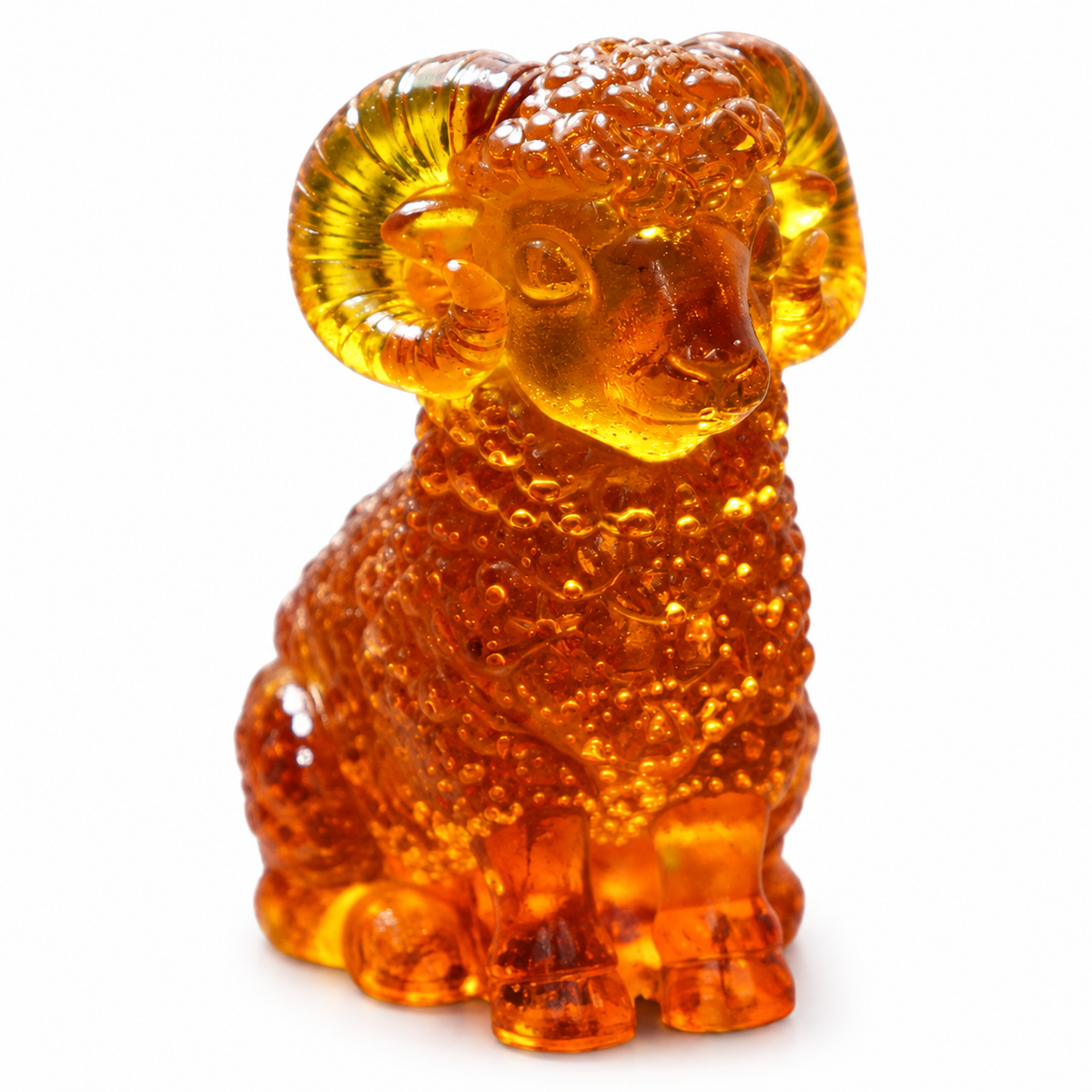 Genuine Baltic amber mini ram figurine on a white background, Year of the Goat gift handcrafted by KIZIMA®