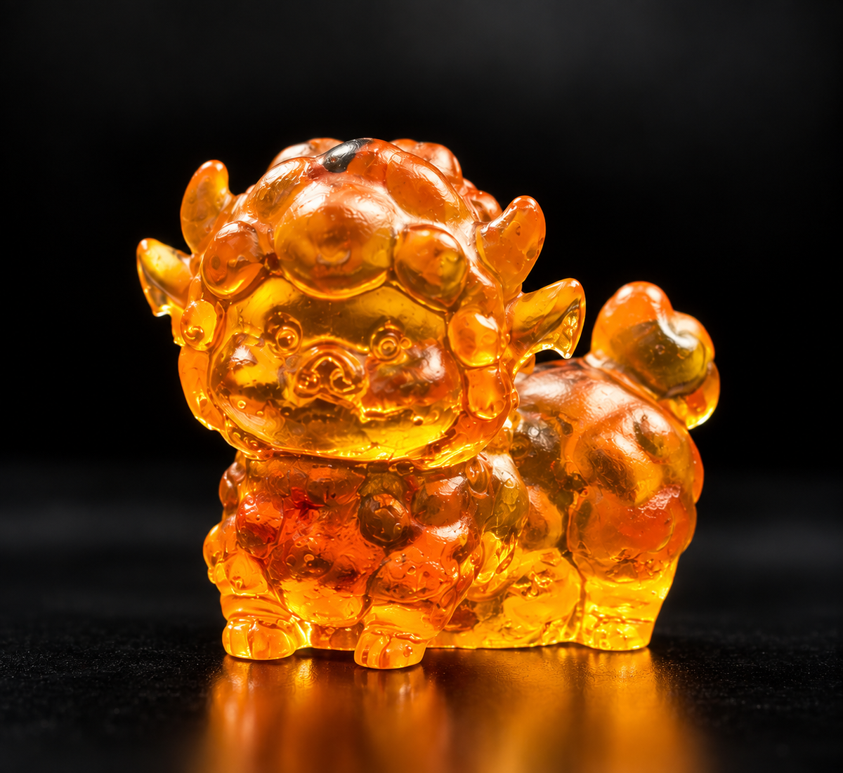 Made in USA Natural Baltic Amber mini sheep figurine by KIZIMA® on a black studio backdrop, curly fleece and small horns, Christmas 2027 gift