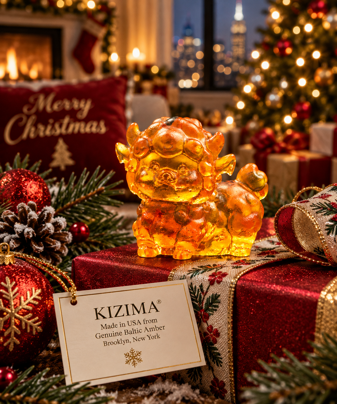 Baltic amber mini sheep on a Christmas gift box by the tree, Year of the Sheep 2027 stocking stuffer handmade in Brooklyn by KIZIMA®
