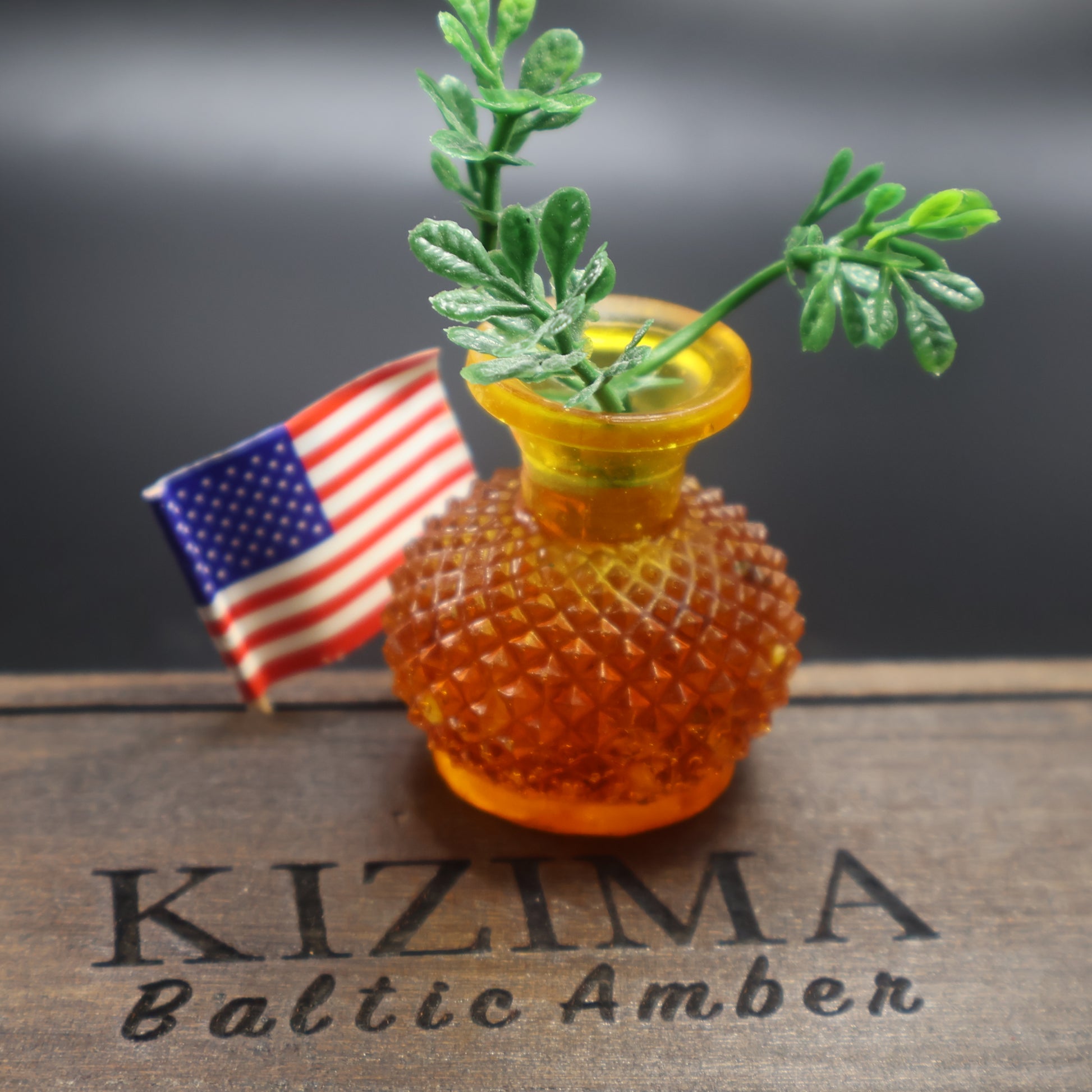 KIZIMA® natural Baltic amber mini vase with American flag on branded wooden gift box — Made in USA amber decor