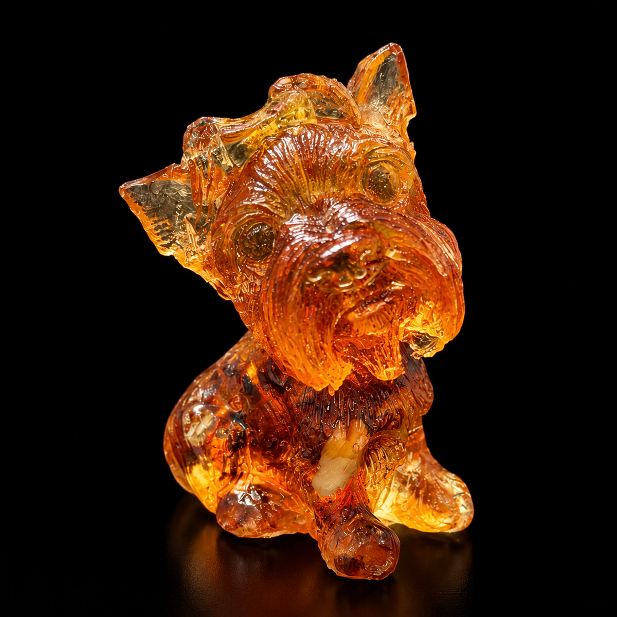 Made in USA natural Baltic amber mini Yorkie figurine, sitting Yorkshire Terrier puppy glowing honey-cognac on black studio background, handcrafted by KIZIMA® Brooklyn NY