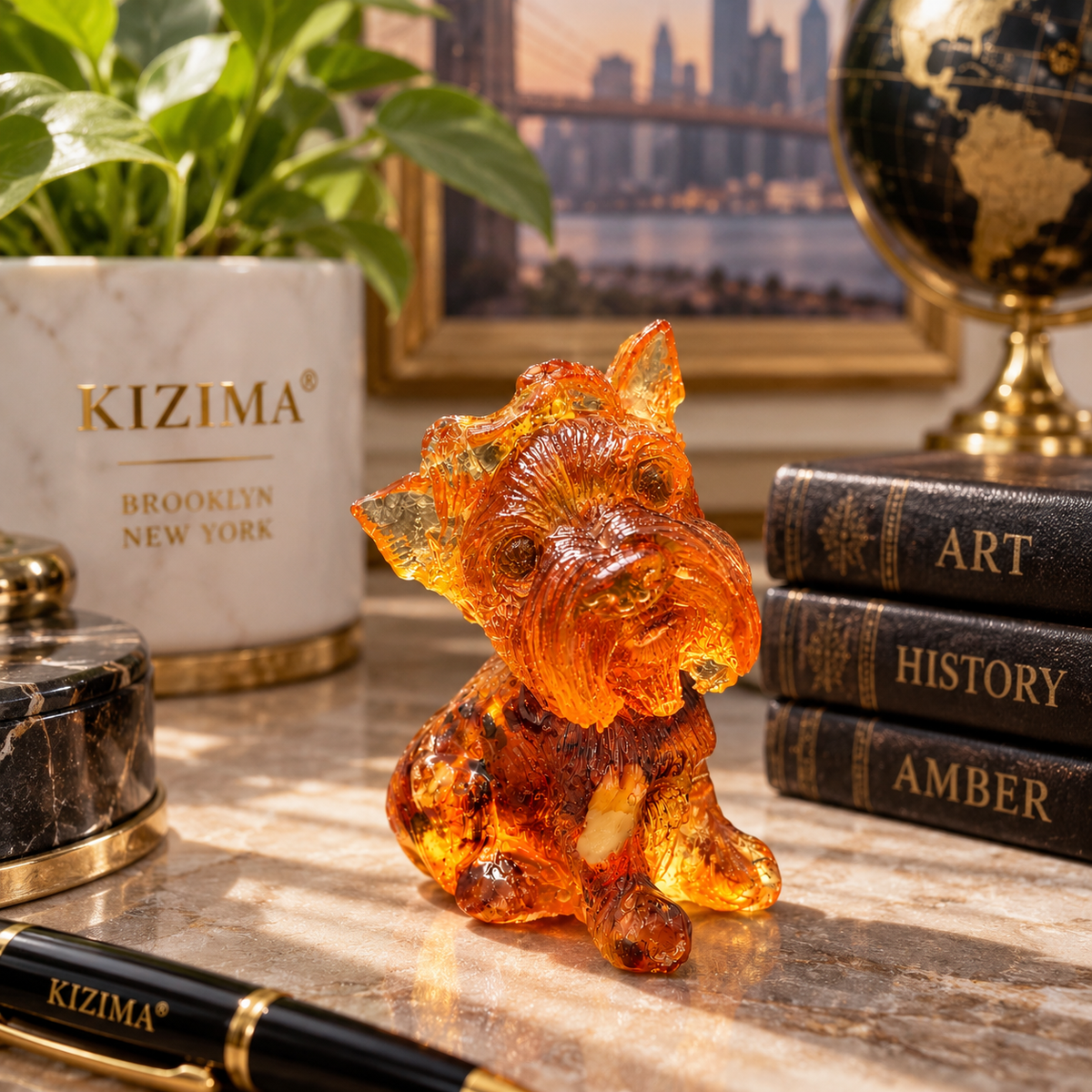 Made in USA natural Baltic amber mini Yorkie figurine as desk decor with KIZIMA® Brooklyn gift box, globe and Manhattan skyline — Yorkie lover gift