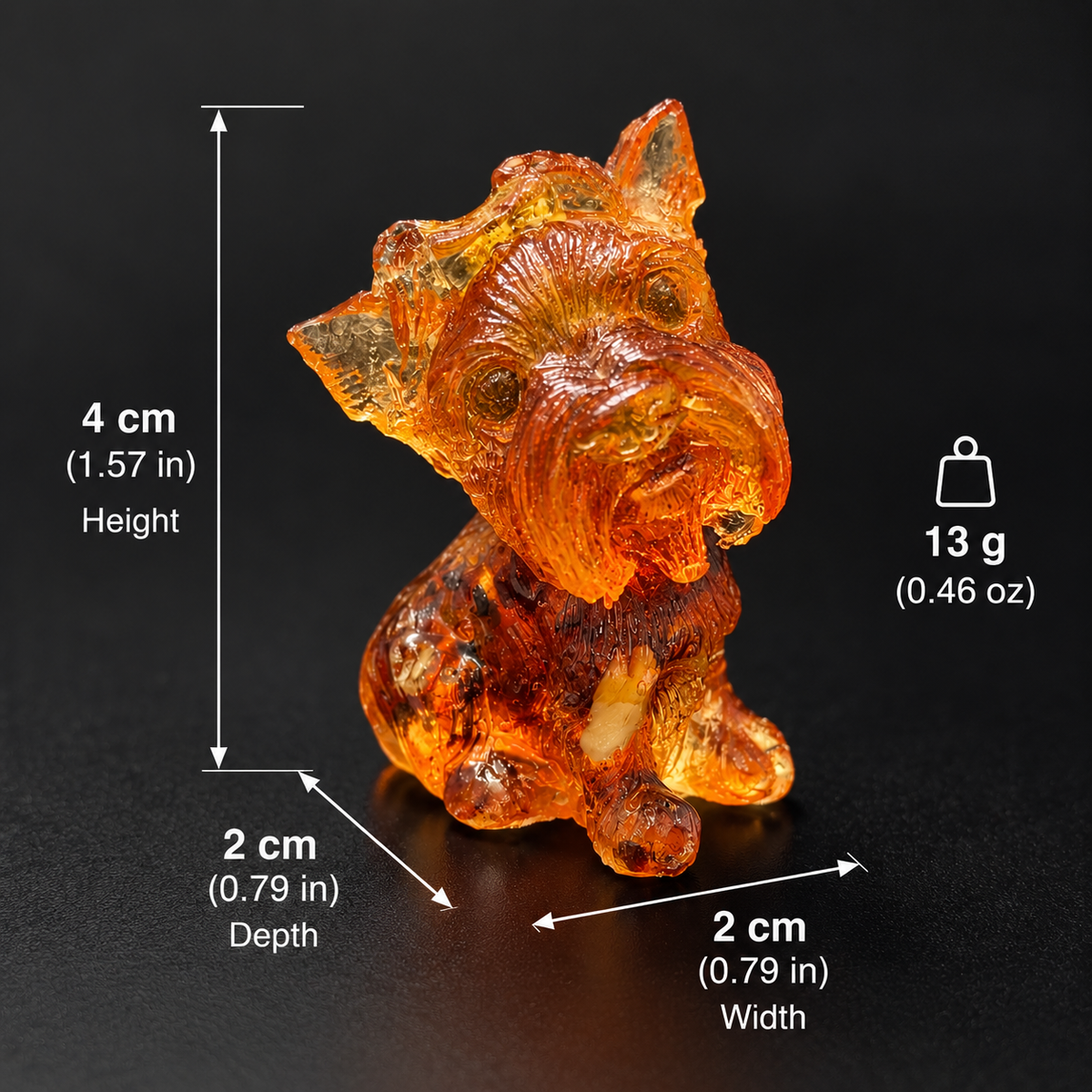 Made in USA natural Baltic amber mini Yorkie figurine size chart — 4 cm (1.57 in) tall, 2 cm (0.79 in) wide, 2 cm (0.79 in) deep, 13 g (0.46 oz) — KIZIMA® Brooklyn NY