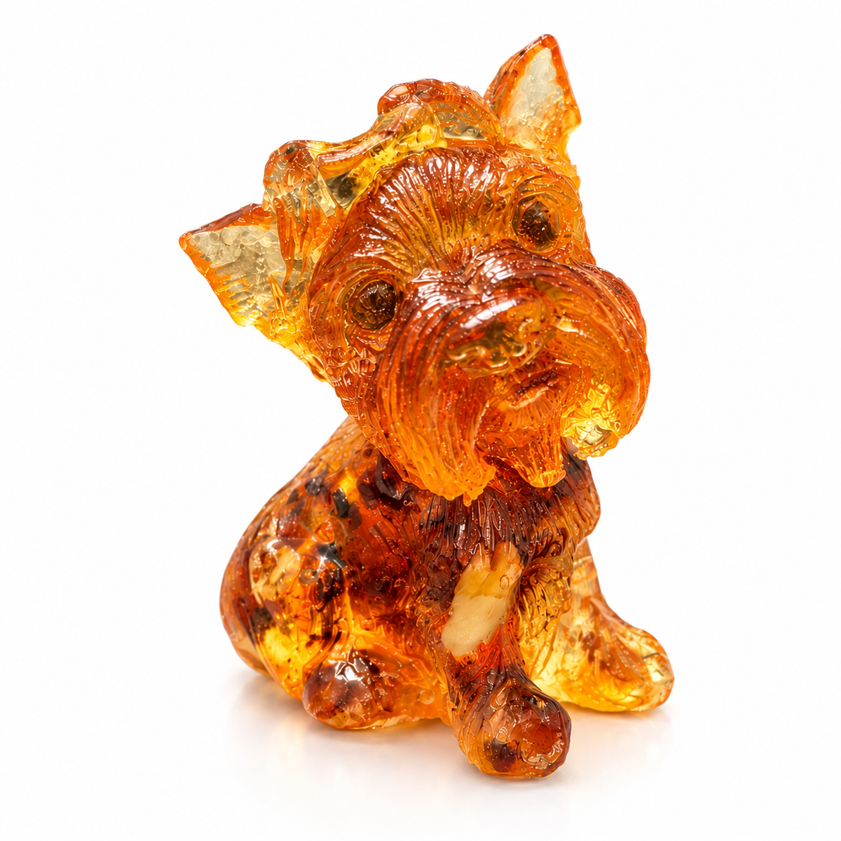 Made in USA natural Baltic amber mini Yorkie figurine on white background — sitting Yorkshire Terrier puppy in honey-cognac amber, KIZIMA® Brooklyn NY