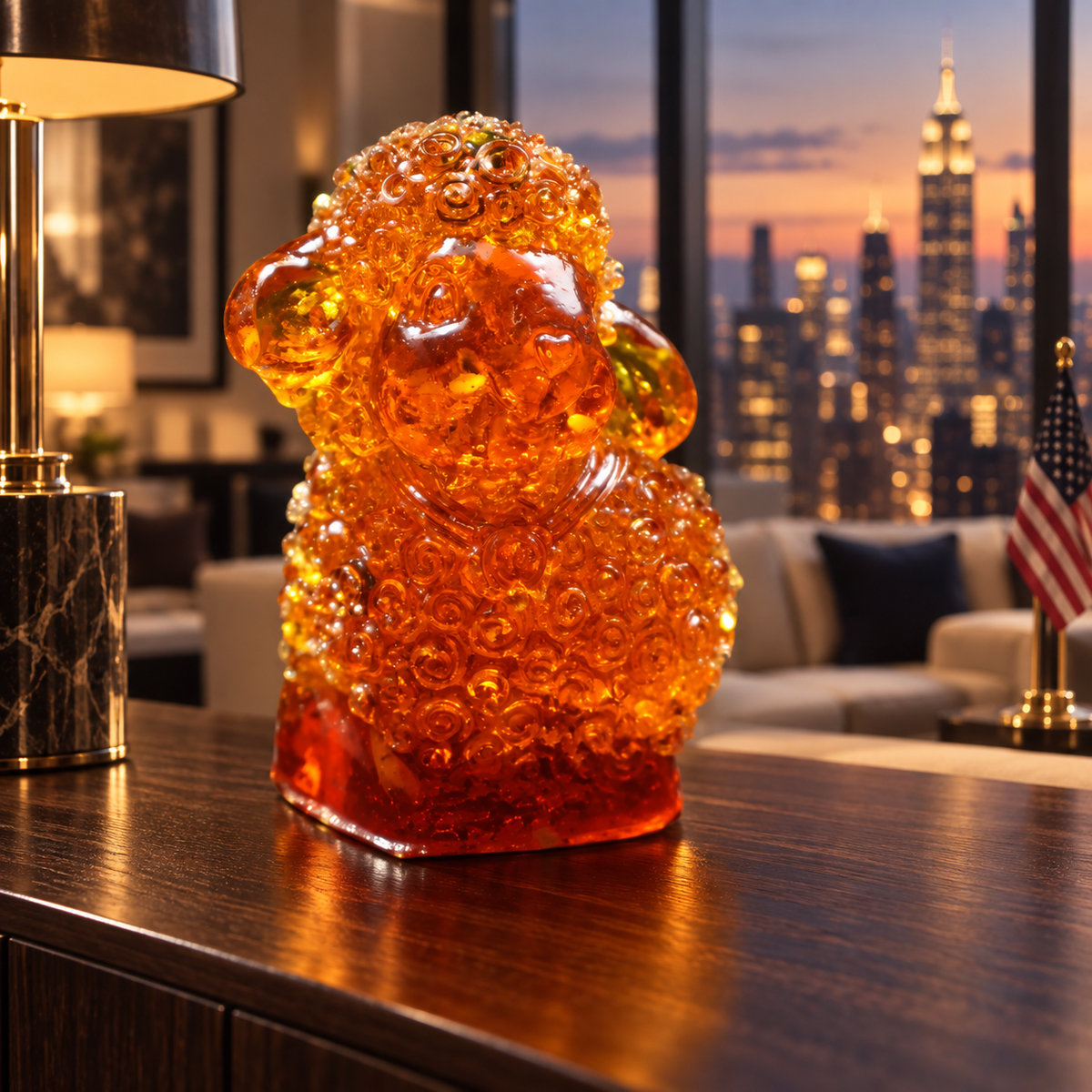 Baltic amber standing lamb on a holiday shelf in a Manhattan interior, Year of the Sheep Christmas decor handmade in Brooklyn