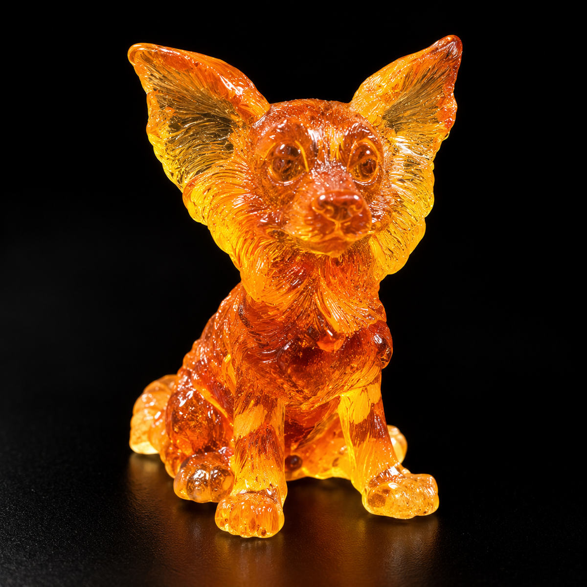Made in USA natural Baltic amber Papillon dog figurine, sitting butterfly-eared dog glowing honey-cognac on black studio background — KIZIMA® Brooklyn NY