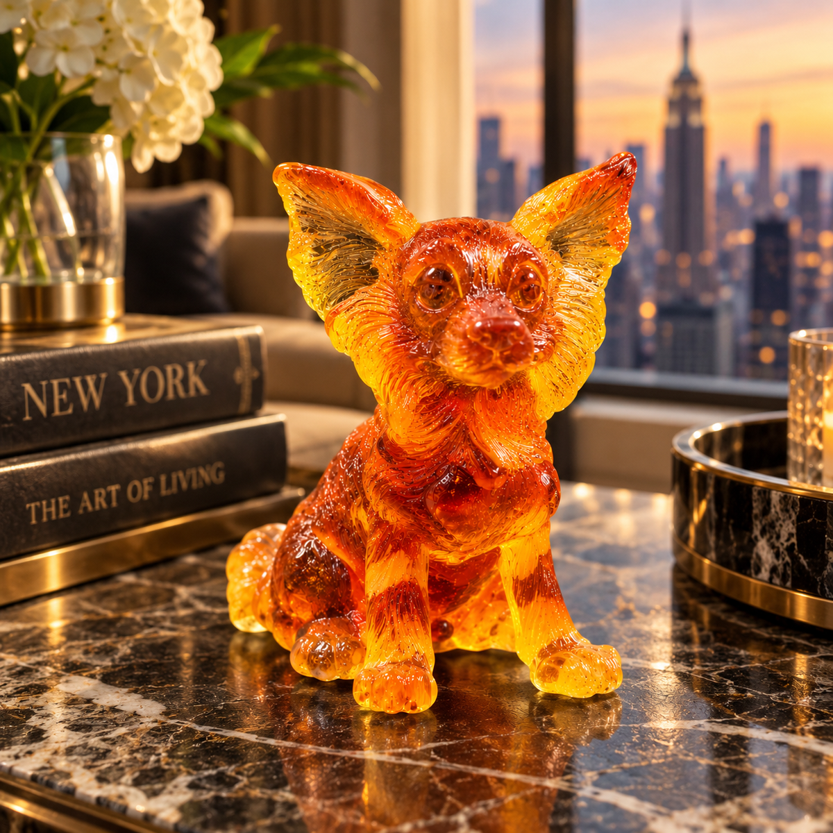 Made in USA natural Baltic amber Papillon dog figurine as desk decor on a marble console with Manhattan skyline — Papillon lover gift by KIZIMA® Brooklyn NY