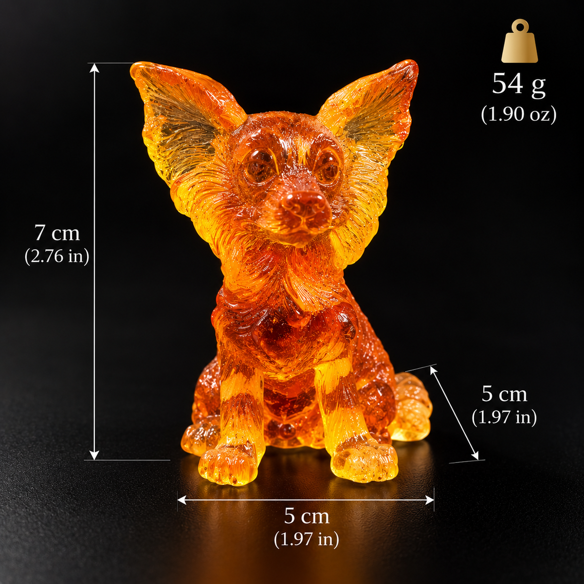 Made in USA natural Baltic amber Papillon dog figurine size chart — 7 cm (2.76 in) tall, 5 cm (1.97 in) deep, 5 cm (1.97 in) wide, 54 g (1.90 oz) — KIZIMA® Brooklyn NY
