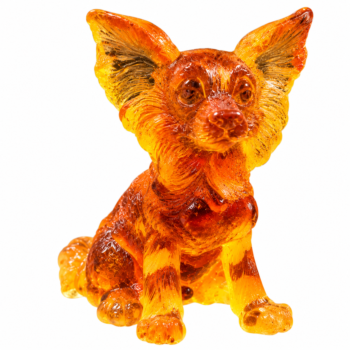 Made in USA natural Baltic amber Papillon dog figurine on white background — sitting long-haired dog with large fringed ears in translucent honey amber, KIZIMA® Brooklyn NY