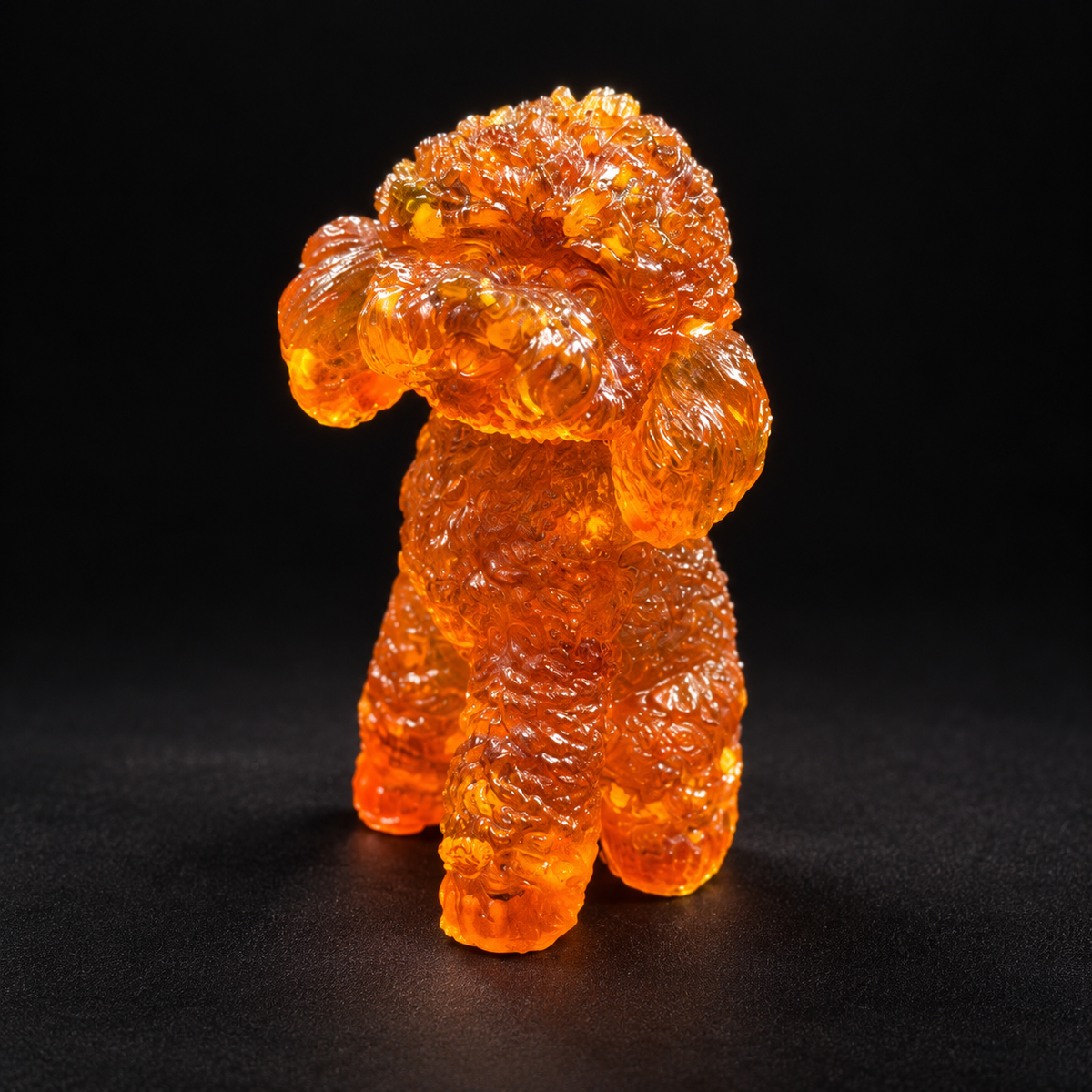 Three-quarter view of an amber poodle figurine with a curly topknot and long hanging ears, seated on a black background.