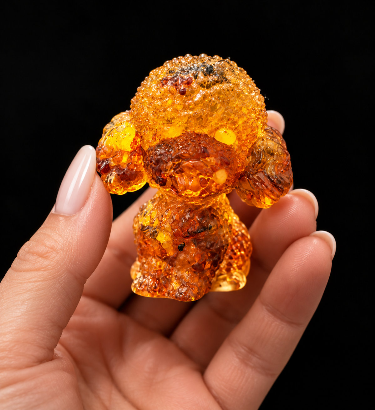 Made in USA natural Baltic amber poodle figurine held in hand for scale — palm-sized toy poodle puppy sculpture, handcrafted by KIZIMA® Brooklyn NY