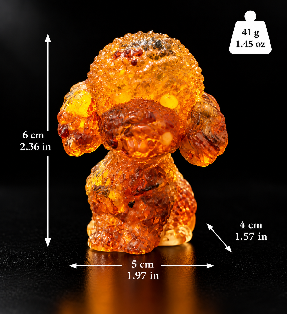 Made in USA natural Baltic amber poodle figurine size chart — toy poodle 6 cm (2.36 in) tall, 5 cm (1.97 in) wide, 4 cm (1.57 in) deep, 41 g (1.45 oz) — KIZIMA® Brooklyn NY