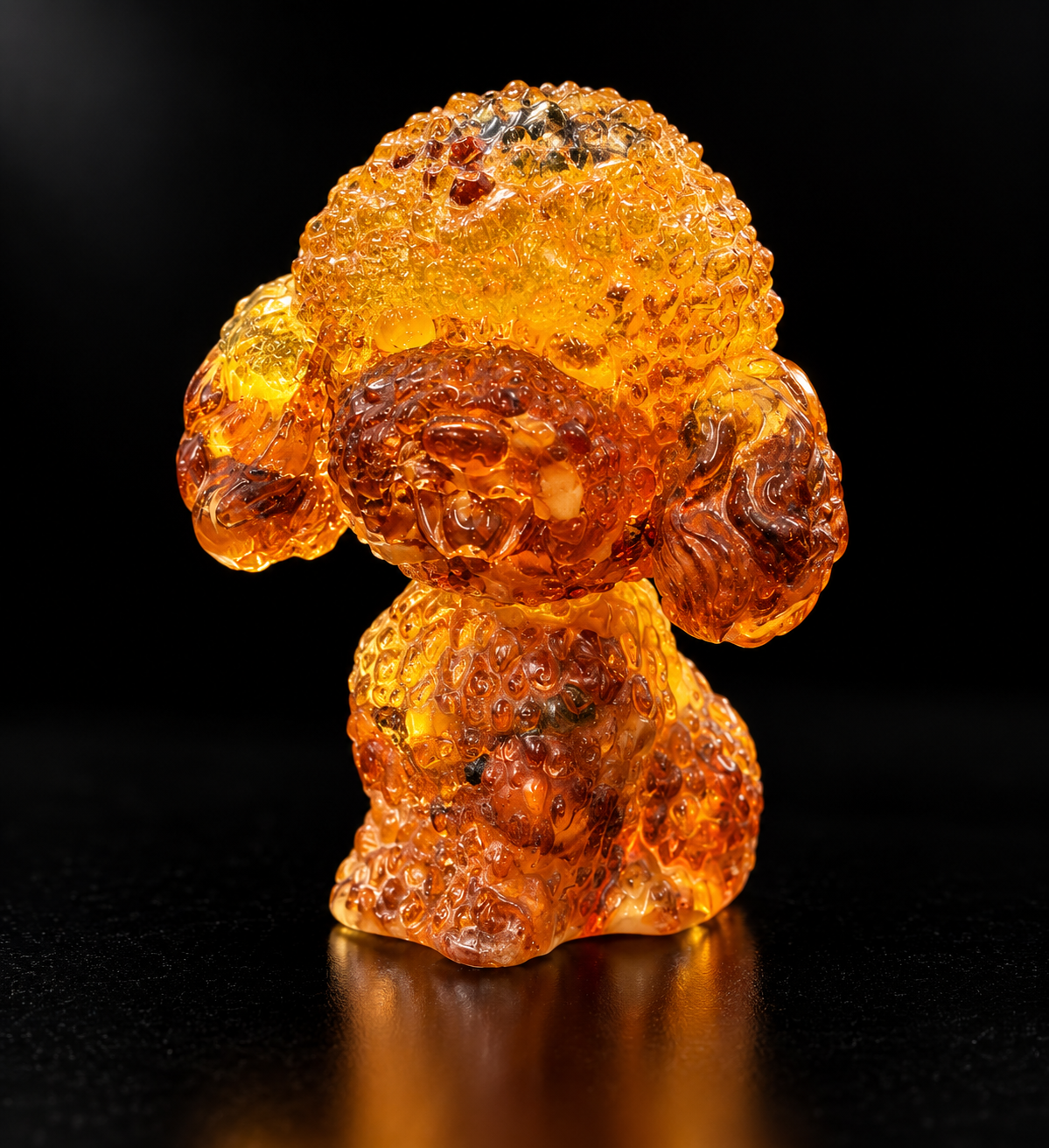 Made in USA natural Baltic amber poodle figurine, toy poodle puppy with topknot and drop ears, honey amber with natural inclusions on black background — KIZIMA® Brooklyn NY