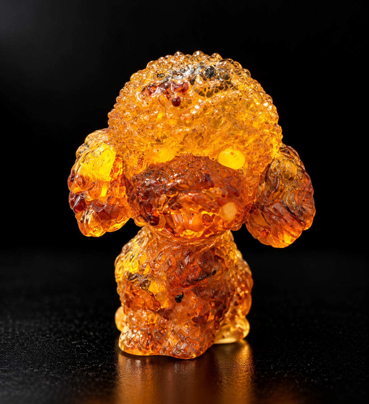 Made in USA natural Baltic amber poodle figurine, standing toy poodle puppy glowing on black studio background, handcrafted by KIZIMA® Brooklyn NY — gift for poodle lovers