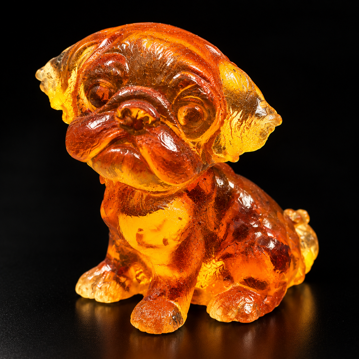 Made in USA natural Baltic amber pug puppy figurine, sitting mini pug with wrinkled face glowing honey-cognac on black studio background — KIZIMA® Brooklyn NY