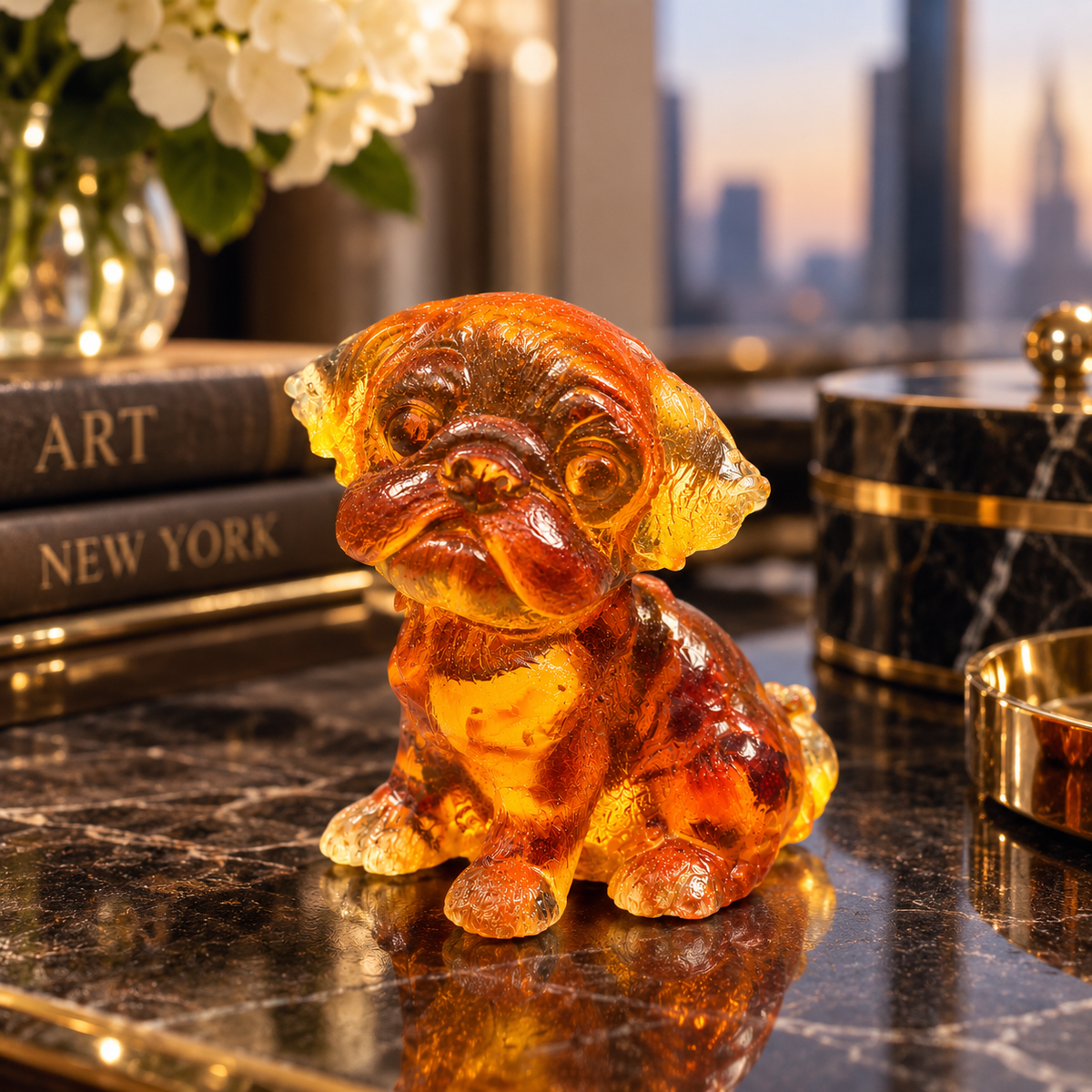 Made in USA natural Baltic amber pug puppy figurine as desk decor on a marble console with Manhattan skyline — miniature pug gift by KIZIMA® Brooklyn NY