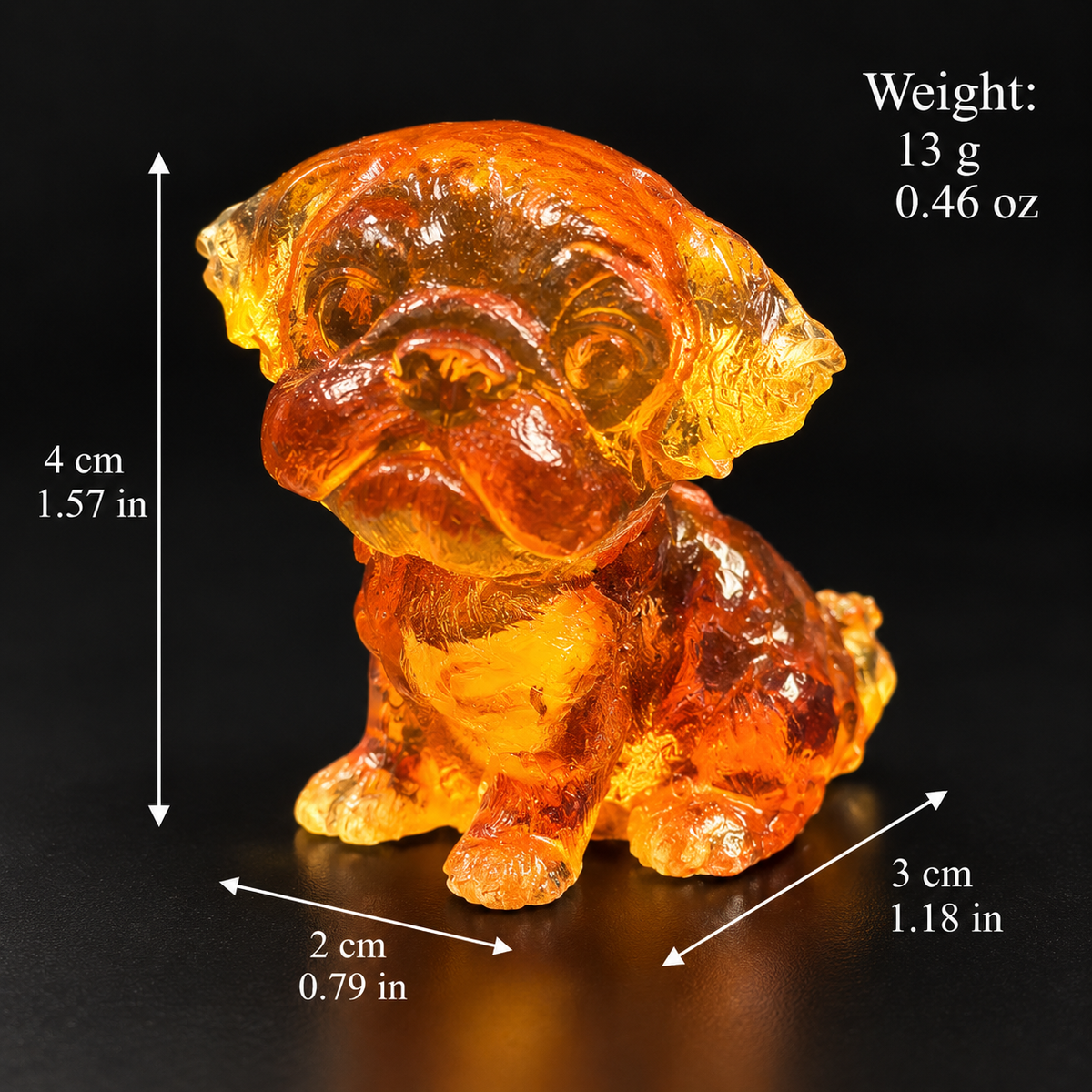 Made in USA natural Baltic amber pug puppy figurine size chart — 4 cm (1.57 in) tall, 3 cm (1.18 in) deep, 2 cm (0.79 in) wide, 13 g (0.46 oz) — KIZIMA® Brooklyn NY