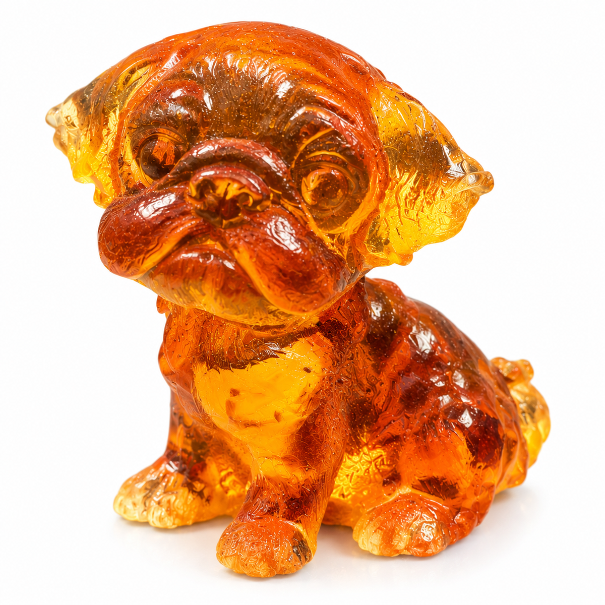 Made in USA natural Baltic amber pug puppy figurine on white background — sitting miniature pug in translucent honey amber with natural inclusions, KIZIMA® Brooklyn NY