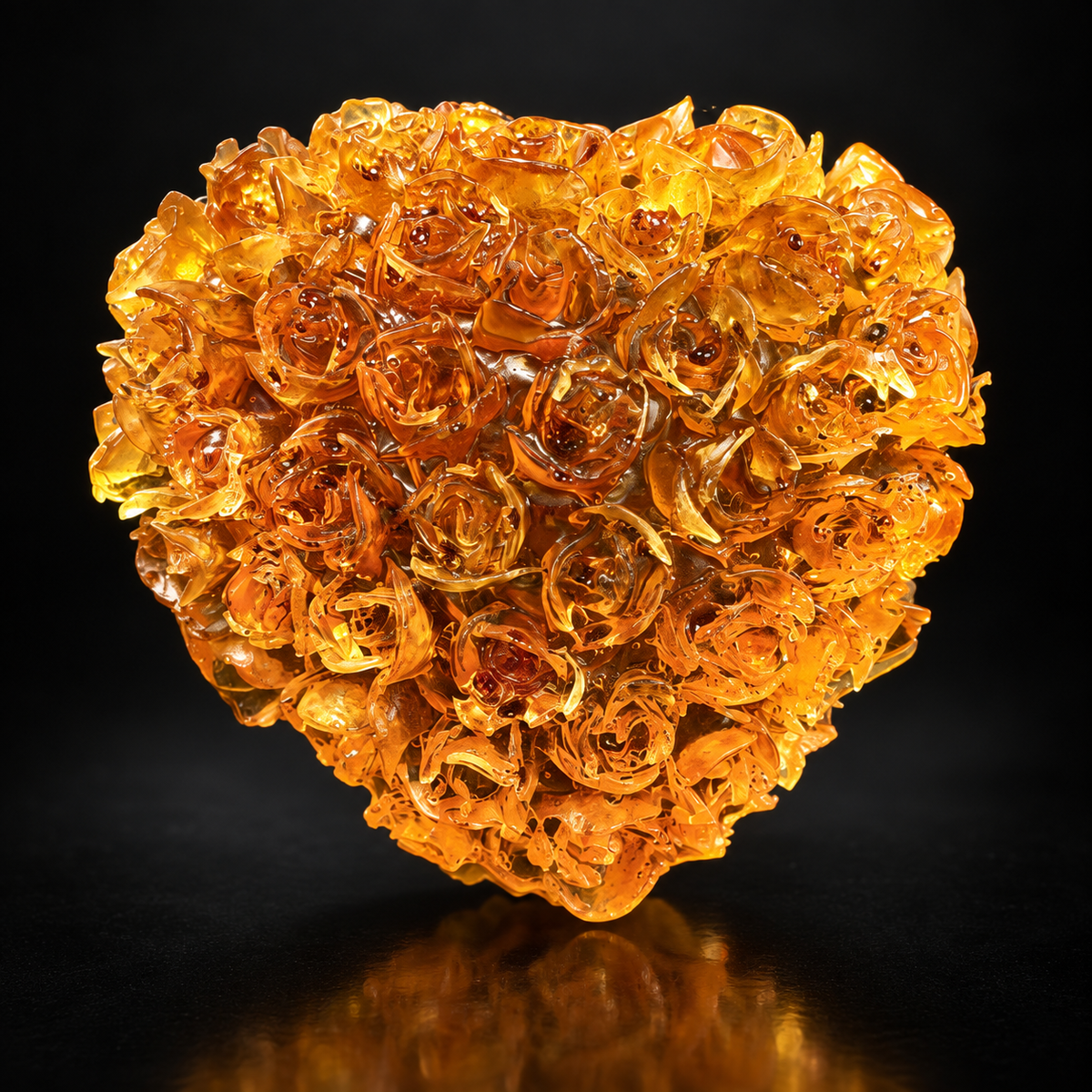Made in USA Natural Baltic Amber rose heart by KIZIMA® on a black studio backdrop, hand-set amber roses keepsake gift for her