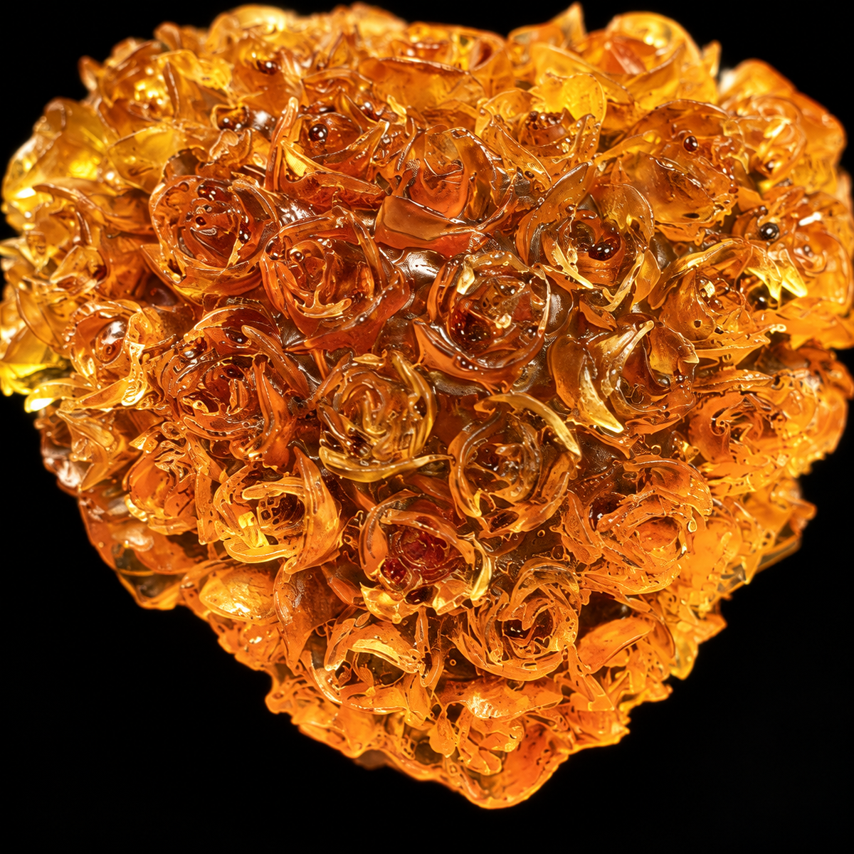 Macro detail of hand-cut amber rose petals on the KIZIMA® Natural Baltic Amber heart, Made in USA floral sculpture