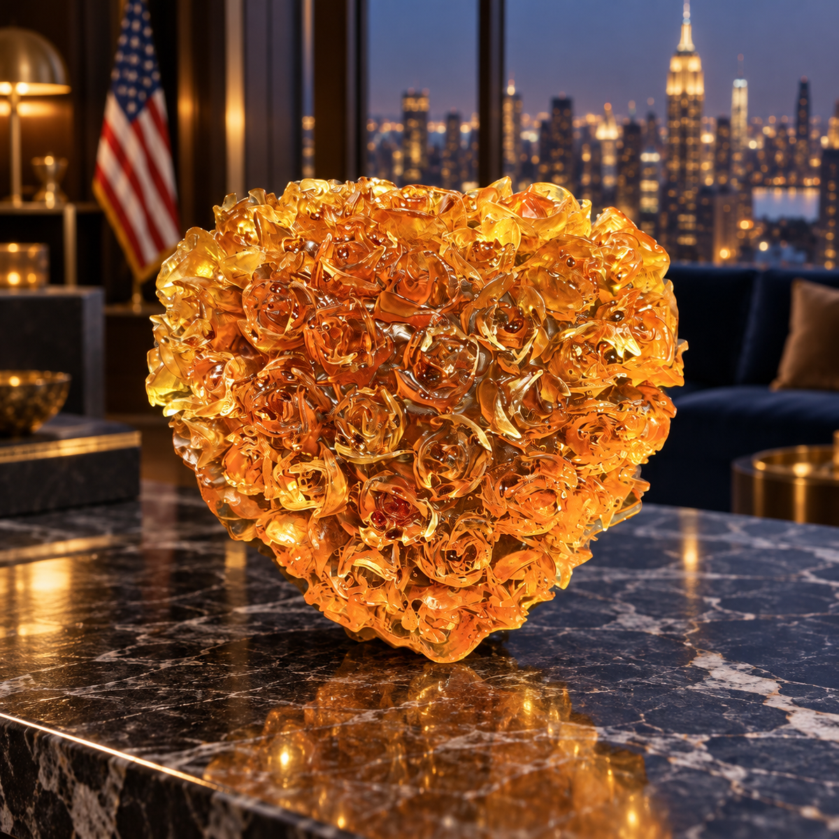 Natural Baltic Amber rose heart styled in a Manhattan interior, Made in USA romantic home decor by KIZIMA®
