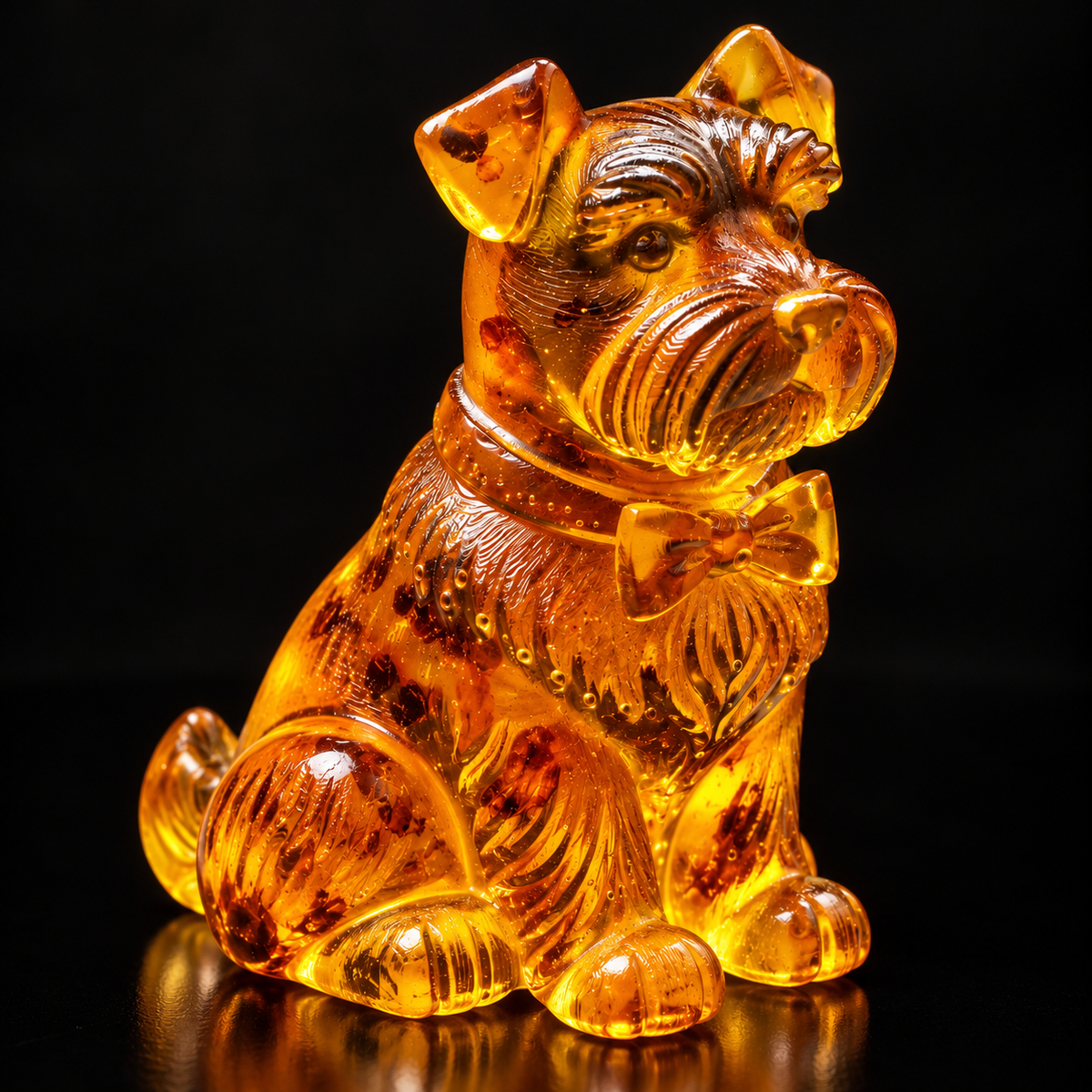 Honey Baltic amber Schnauzer figurine glowing on black studio background — sitting dog with beard and bow, handcrafted in USA by KIZIMA®