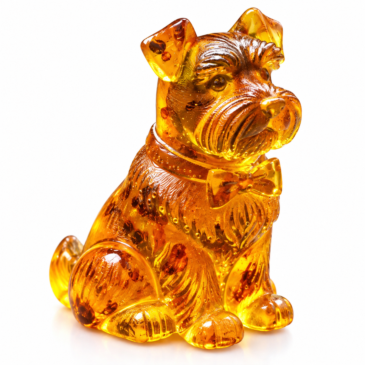 Natural Baltic amber Miniature Schnauzer dog figurine on white background, golden honey amber with dark inclusions, made in Brooklyn NY by KIZIMA®