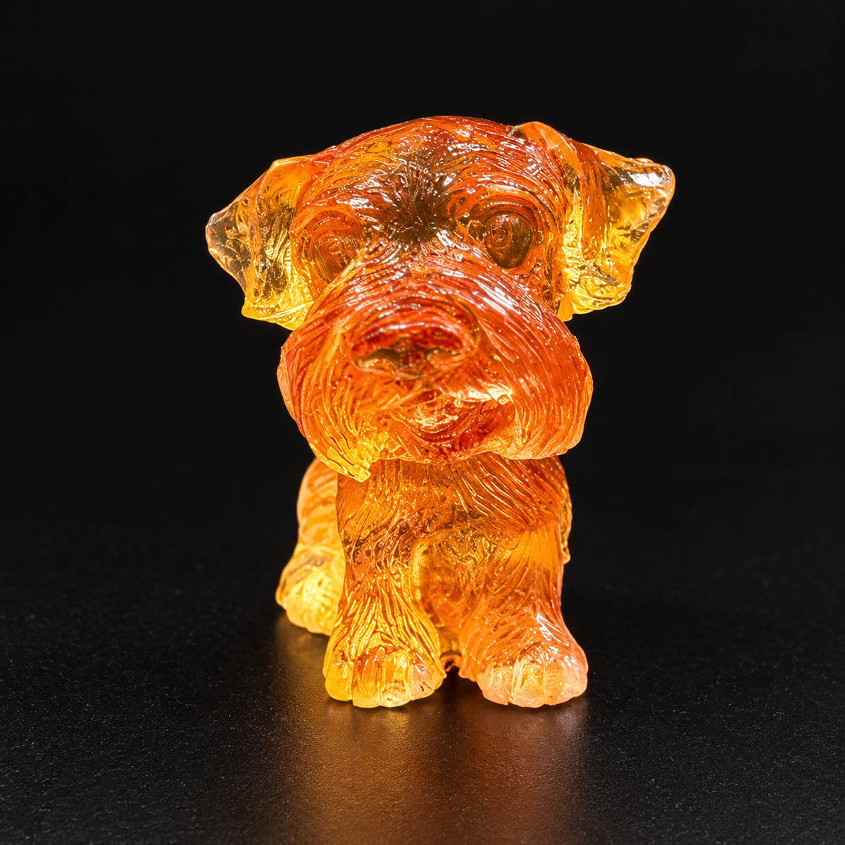Made in USA natural Baltic amber Schnauzer puppy figurine, sitting bearded puppy with floppy ears glowing honey-cognac on black studio background — KIZIMA® Brooklyn NY