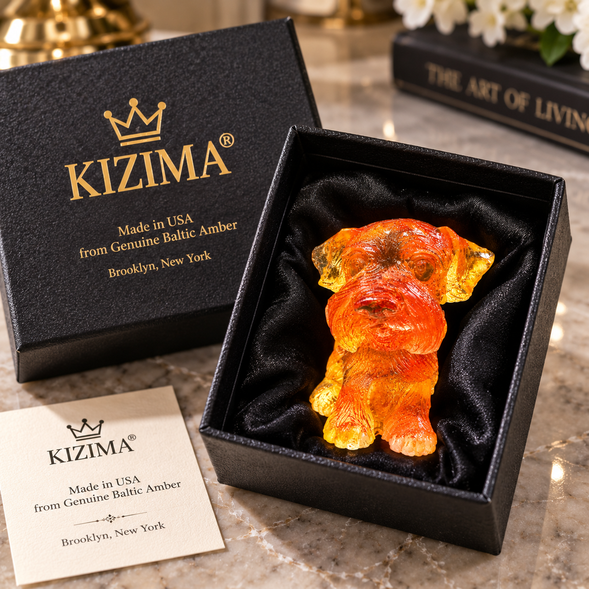 Made in USA natural Baltic amber Schnauzer puppy figurine in black KIZIMA® gift box with certificate of authenticity — ready-to-give schnauzer lover gift