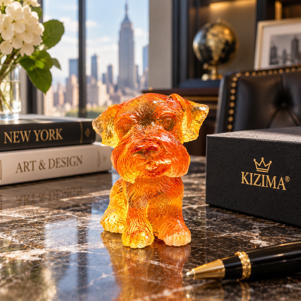 Made in USA natural Baltic amber Schnauzer puppy figurine as desk decor on a marble console with Manhattan skyline — tiny schnauzer gift by KIZIMA® Brooklyn NY