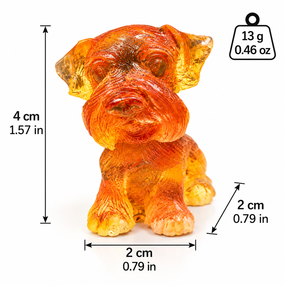 Made in USA natural Baltic amber Schnauzer puppy figurine size chart — 4 cm (1.57 in) tall, 2 cm (0.79 in) deep, 2 cm (0.79 in) wide, 13 g (0.46 oz) — KIZIMA® Brooklyn NY