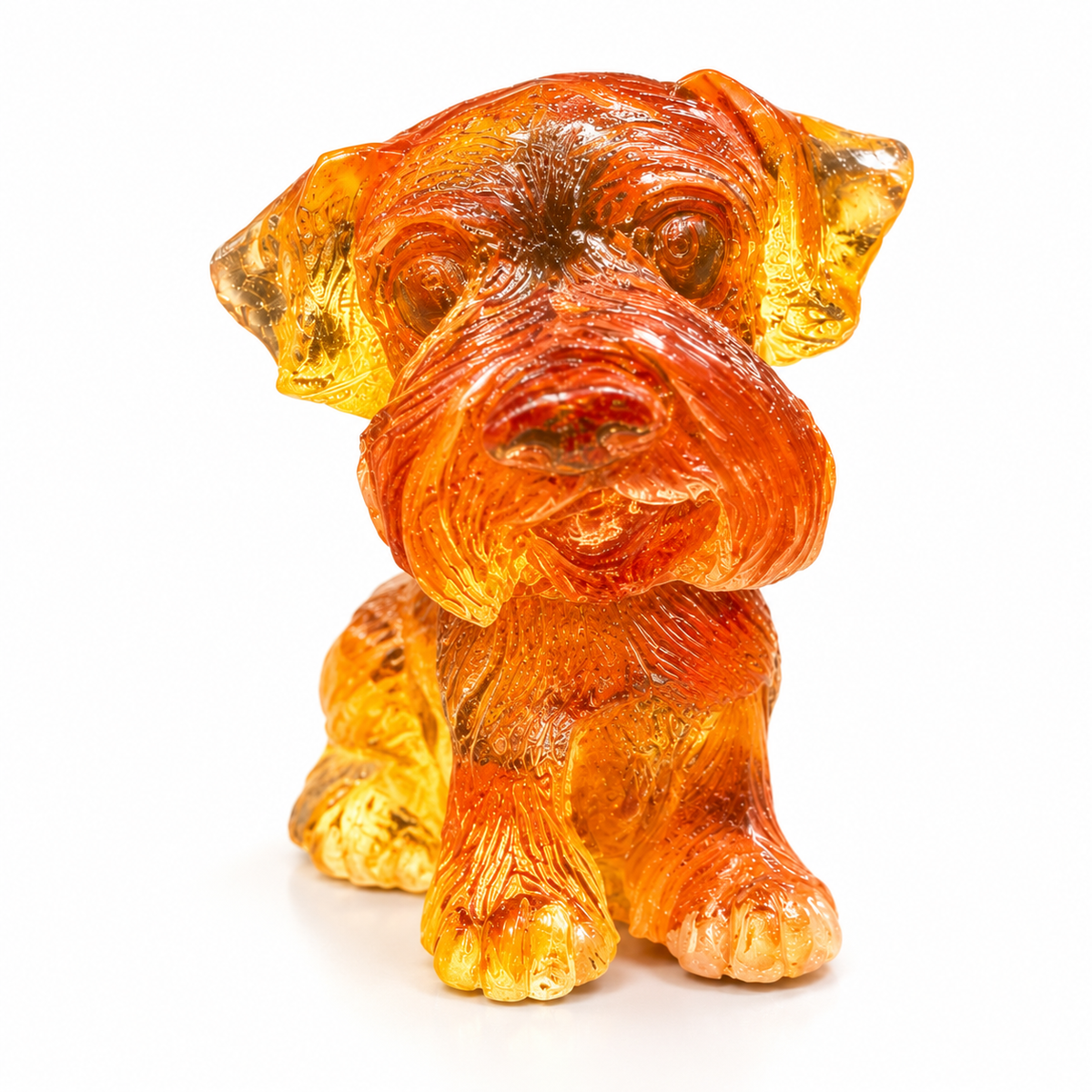 Made in USA natural Baltic amber Schnauzer puppy figurine on white background — miniature bearded puppy in translucent honey amber with natural inclusions, KIZIMA® Brooklyn NY