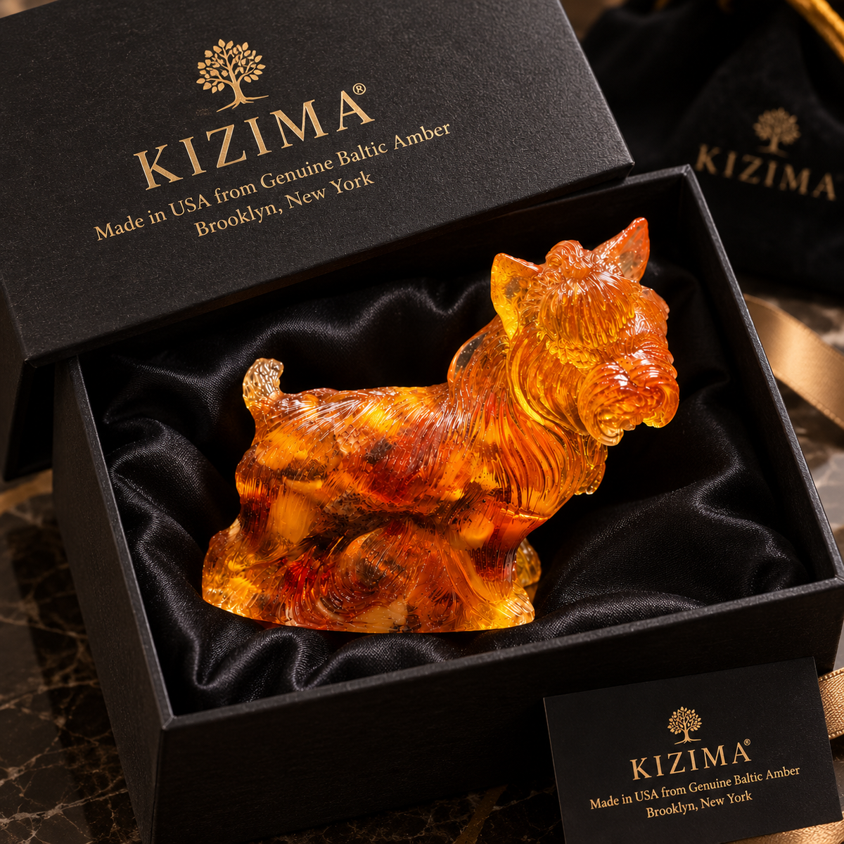 Made in USA natural Baltic amber Scottish Terrier figurine in black KIZIMA® gift box with certificate of authenticity — ready-to-give Scottie lover gift