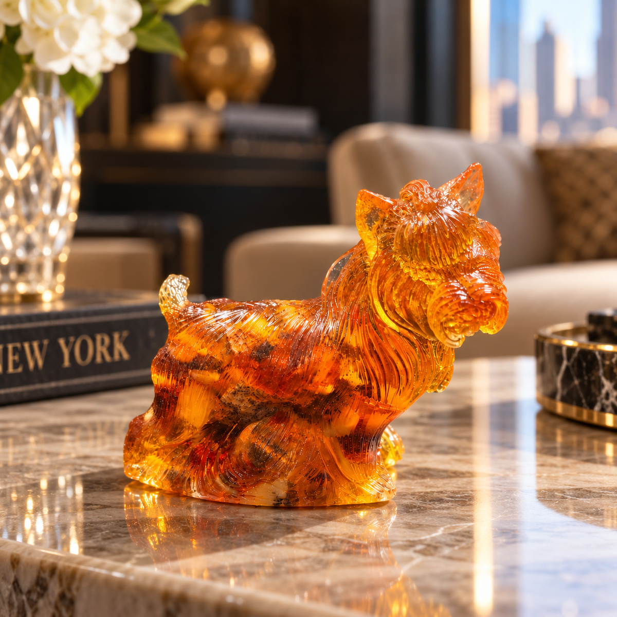 Made in USA natural Baltic amber Scottish Terrier figurine as desk decor on a marble console with Manhattan skyline — Scottie gift by KIZIMA® Brooklyn NY