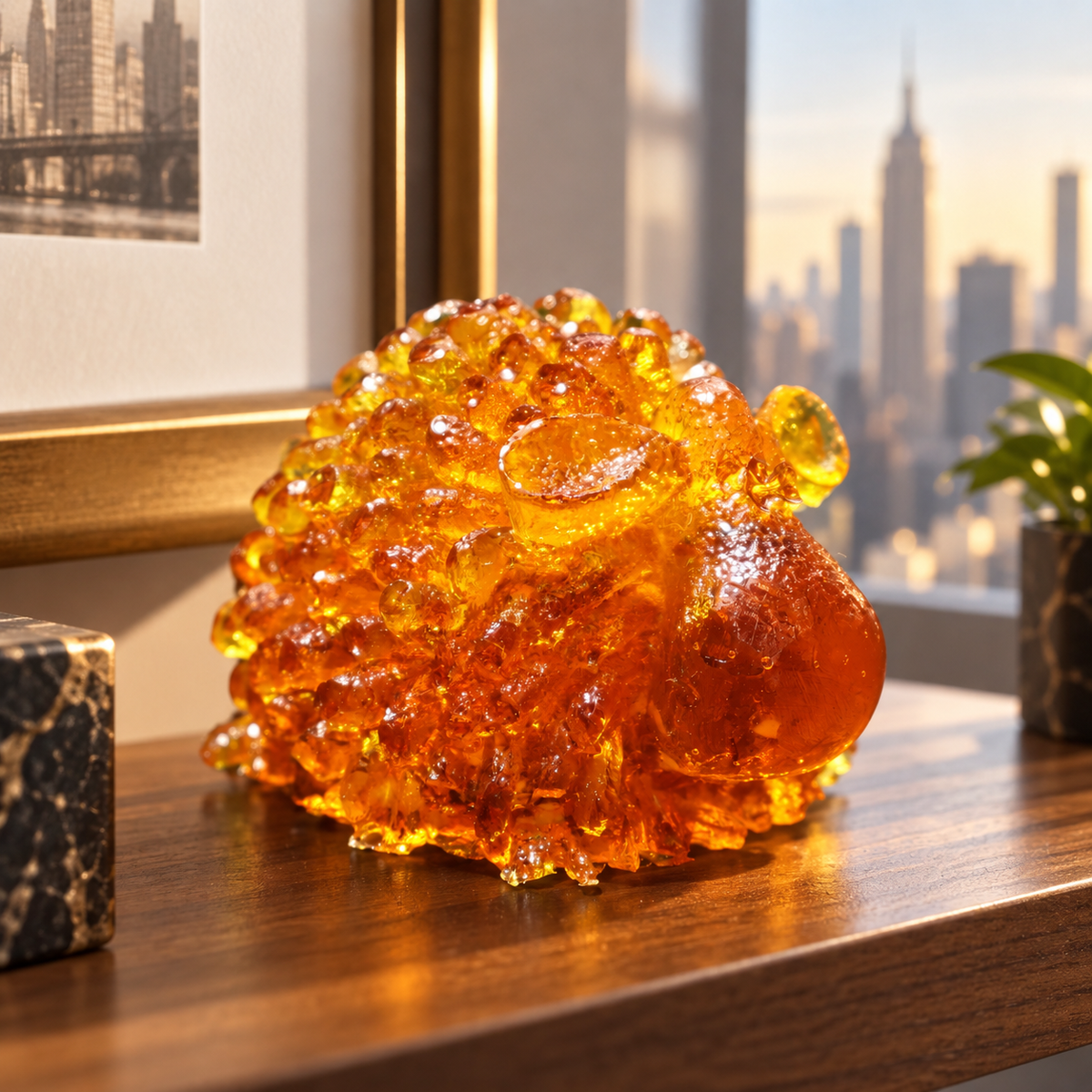 Compact Baltic amber sheep on a holiday shelf in a Manhattan interior, Year of the Sheep decor handmade in Brooklyn